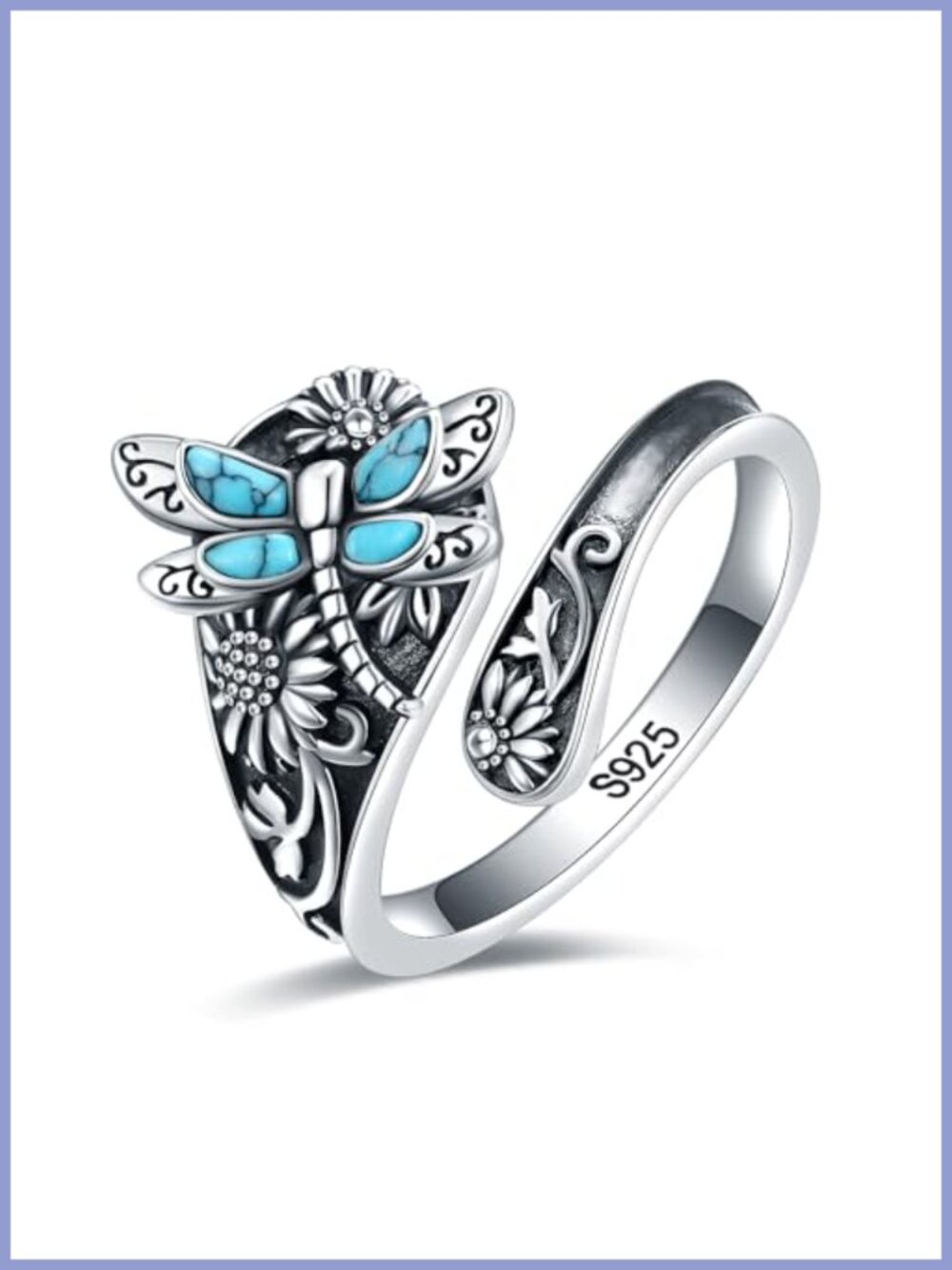 Sterling Silver Turquoise Dragonfly Spoon Ring Adjustable Boho Statement